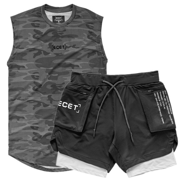 2021 High quality 2 Pcs Sports Set Men Running Shirts/Vests Shorts Jogging Men Sportswear Suit Soccer Running Fitness