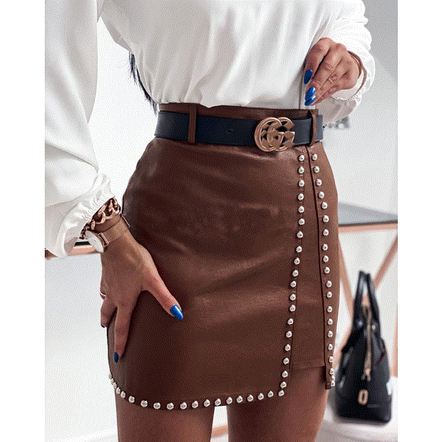 2021 High quality Elegant Rivets PU Leather Skirts Women Mini Pencil Skirts Office Solid Color High Waist Slim Skirts