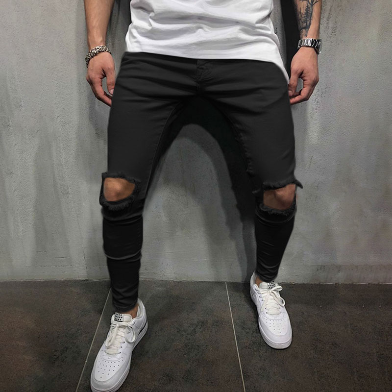 2021 High quality Fashion Men's Skinny Jeans Hole Stretch Denim Trousers Hip Hop Straight Distress Pencil Pants