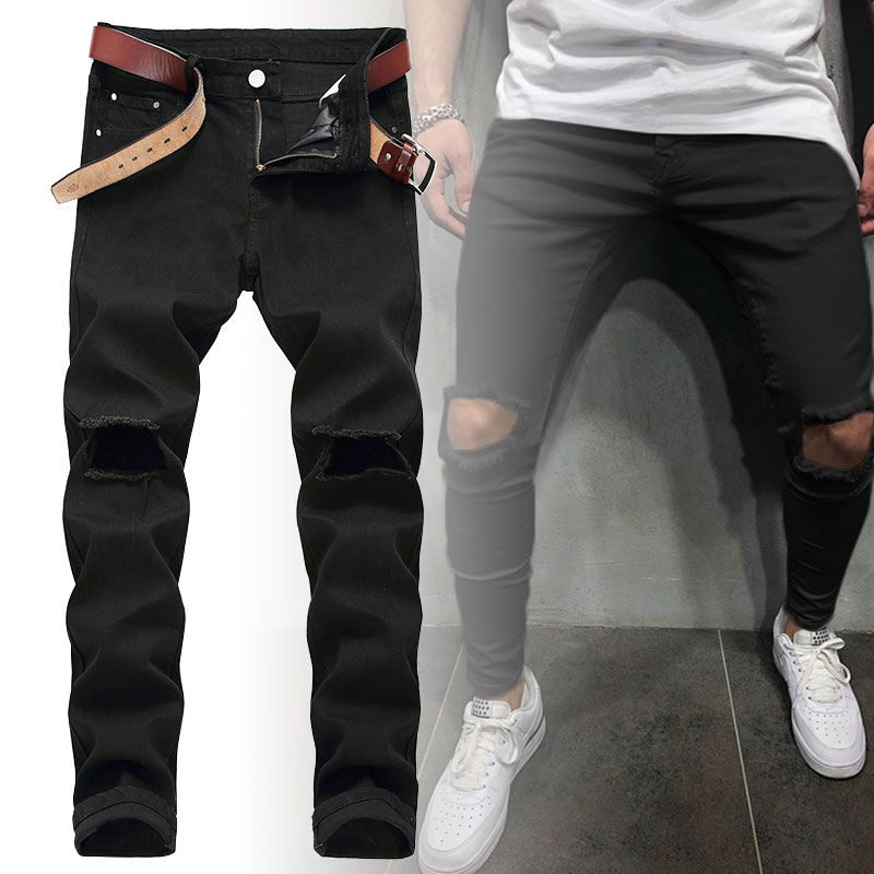 2021 High quality Fashion Men's Skinny Jeans Hole Stretch Denim Trousers Hip Hop Straight Distress Pencil Pants