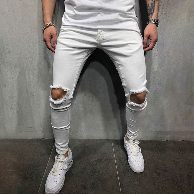 2021 High quality Fashion Men's Skinny Jeans Hole Stretch Denim Trousers Hip Hop Straight Distress Pencil Pants