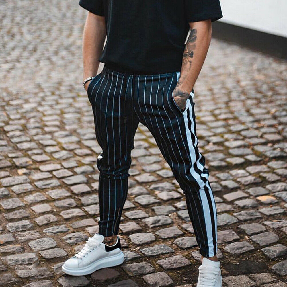 2021 High quality Fashion Men England Style Striped Pants Male New Long Pencil Joggers Pants Casual Trousers