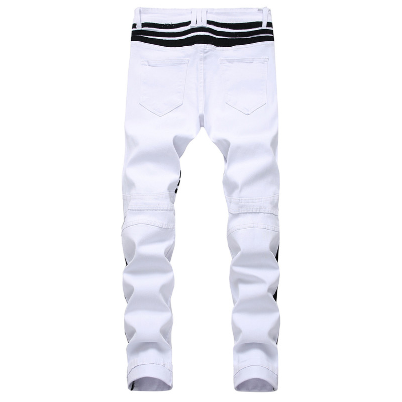 2021 High quality Men Hip-hop Stripe design Patchwork Ripped Stretch Slim Jeans trousers