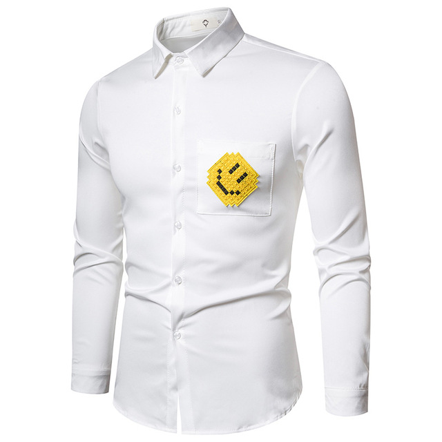 2021 High quality Mens Shirts Regular Fit Smiley Patch Pocket High Quality Mens Plus Size Casual Long Sleeve