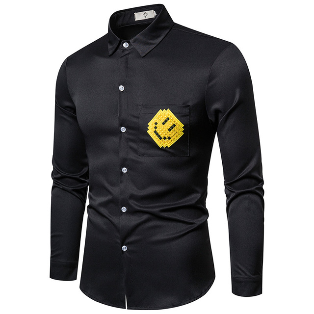 2021 High quality Mens Shirts Regular Fit Smiley Patch Pocket High Quality Mens Plus Size Casual Long Sleeve