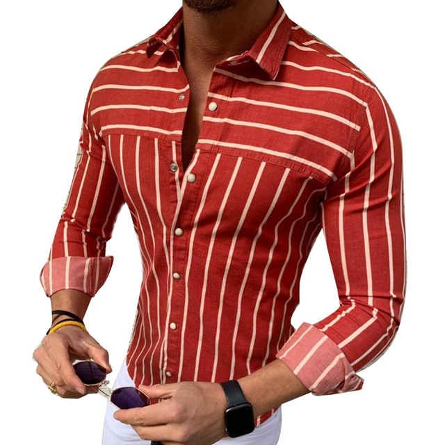 2021 High quality Casual Shirts Men Stripe Print Flamingo Shirts Long Sleeve Mens Shirt Turn Down Collar Button Shirt