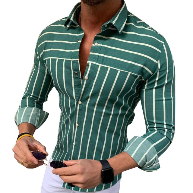 2021 High quality Casual Shirts Men Stripe Print Flamingo Shirts Long Sleeve Mens Shirt Turn Down Collar Button Shirt