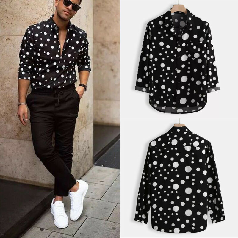 2021 High quality New Fashion Men's Polka Dot Shirt Button Down Slim Fit Long Sleeve Boho Holiday Casual Shirts