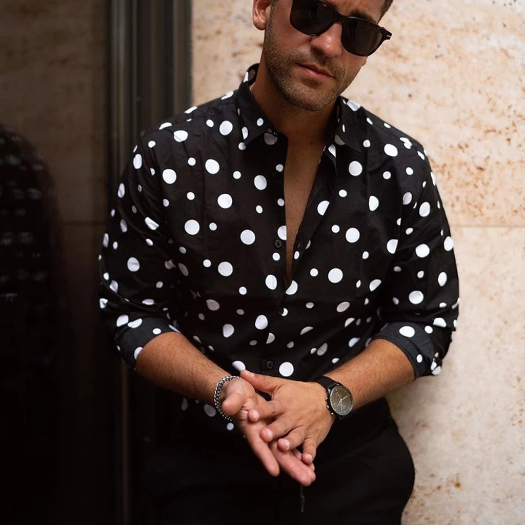2021 High quality New Fashion Men's Polka Dot Shirt Button Down Slim Fit Long Sleeve Boho Holiday Casual Shirts