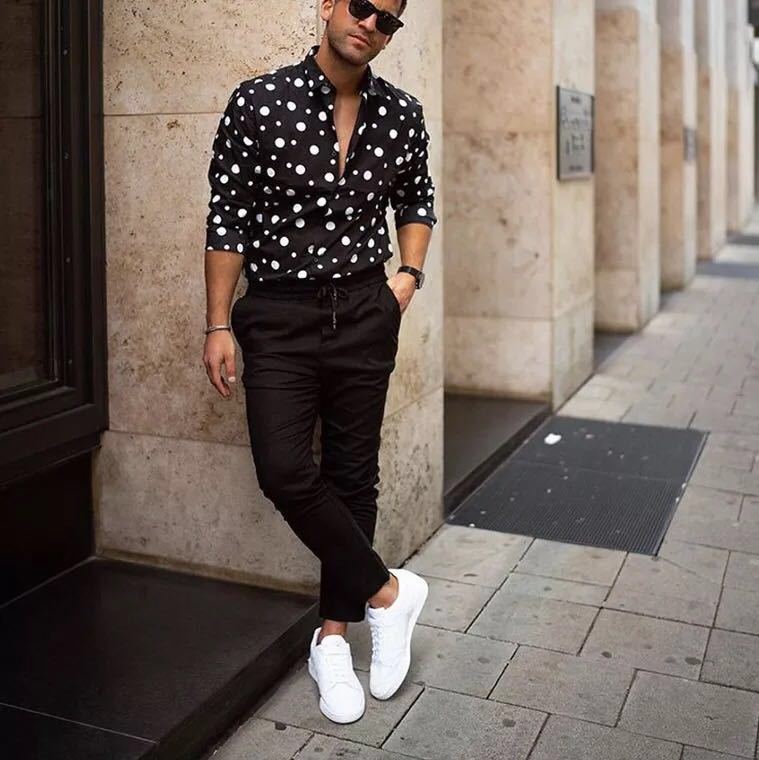 2021 High quality New Fashion Men's Polka Dot Shirt Button Down Slim Fit Long Sleeve Boho Holiday Casual Shirts