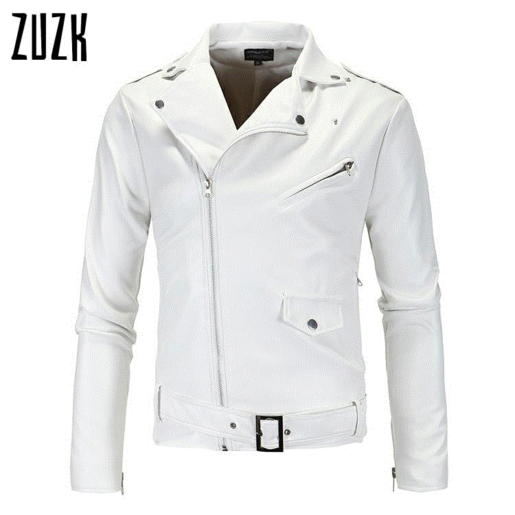 2021 High quality Motorcycle Leather Jacket Men Fashion Hem Belt PU White Leather Jacket Men Outwear Coat
