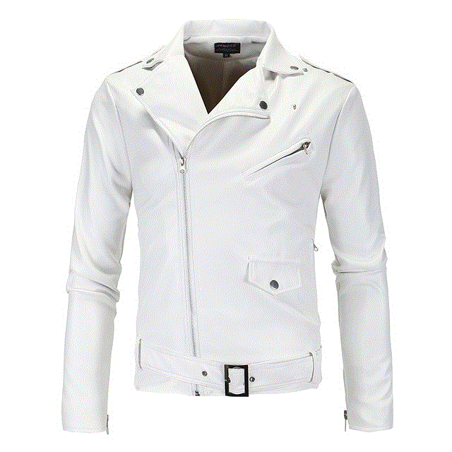 2021 High quality Motorcycle Leather Jacket Men Fashion Hem Belt PU White Leather Jacket Men Outwear Coat