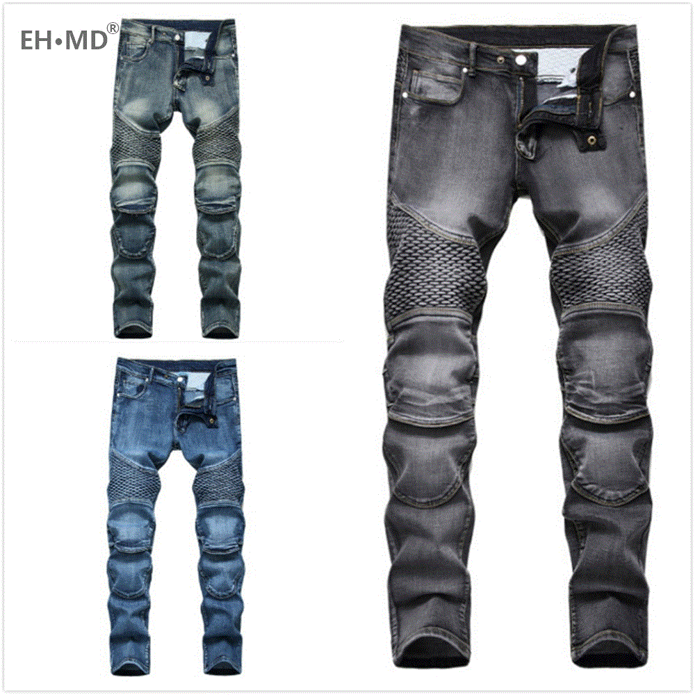 2021 High quality Patchwork Jeans Men's Fish Scales Decorated Washed Slim-fit Pleated High Elastic Trousers