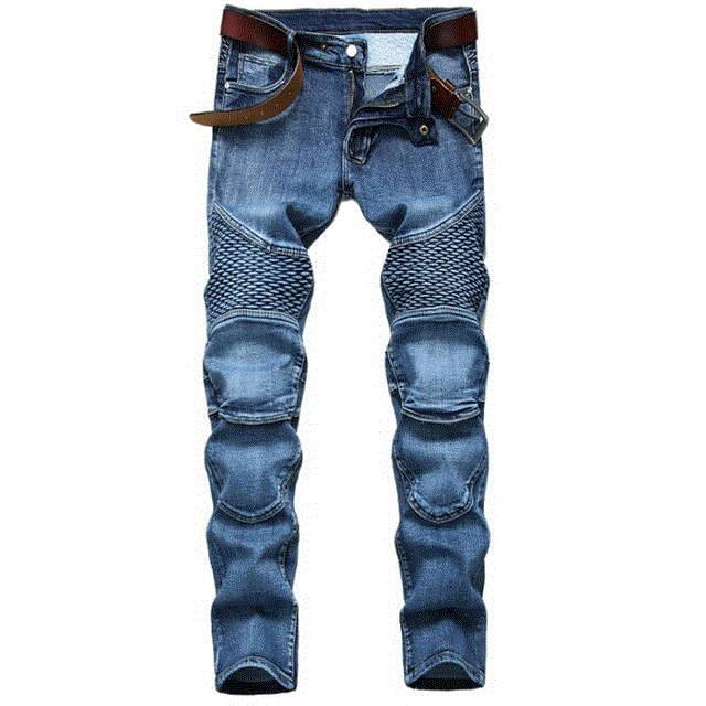 2021 High quality Patchwork Jeans Men's Fish Scales Decorated Washed Slim-fit Pleated High Elastic Trousers