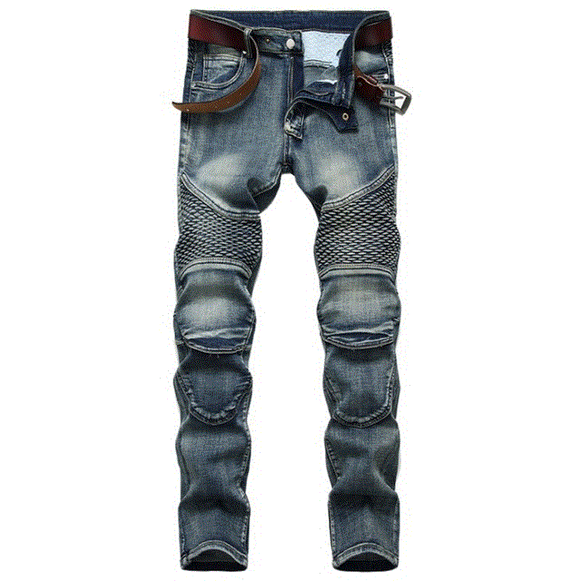 2021 High quality Patchwork Jeans Men's Fish Scales Decorated Washed Slim-fit Pleated High Elastic Trousers