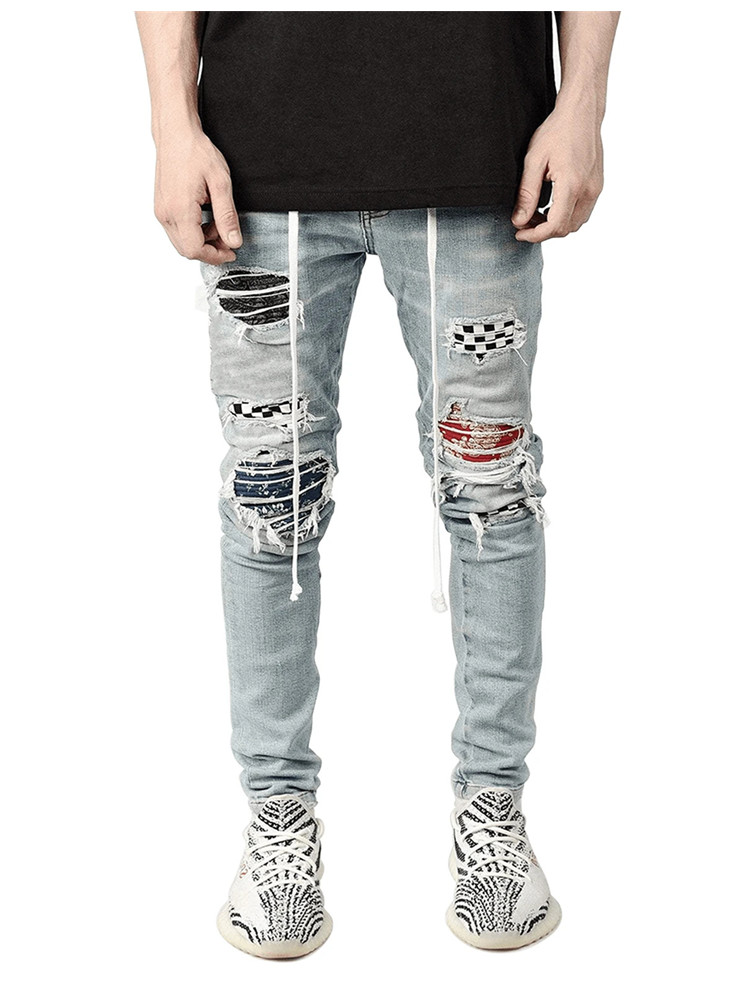 2021 High quality Fashion Men Skinny tousers  Grid Patchwork Stretch Denim Pants Elastic Hip-Hop Jogging Pencil Pants