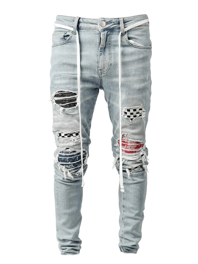 2021 High quality Fashion Men Skinny tousers  Grid Patchwork Stretch Denim Pants Elastic Hip-Hop Jogging Pencil Pants