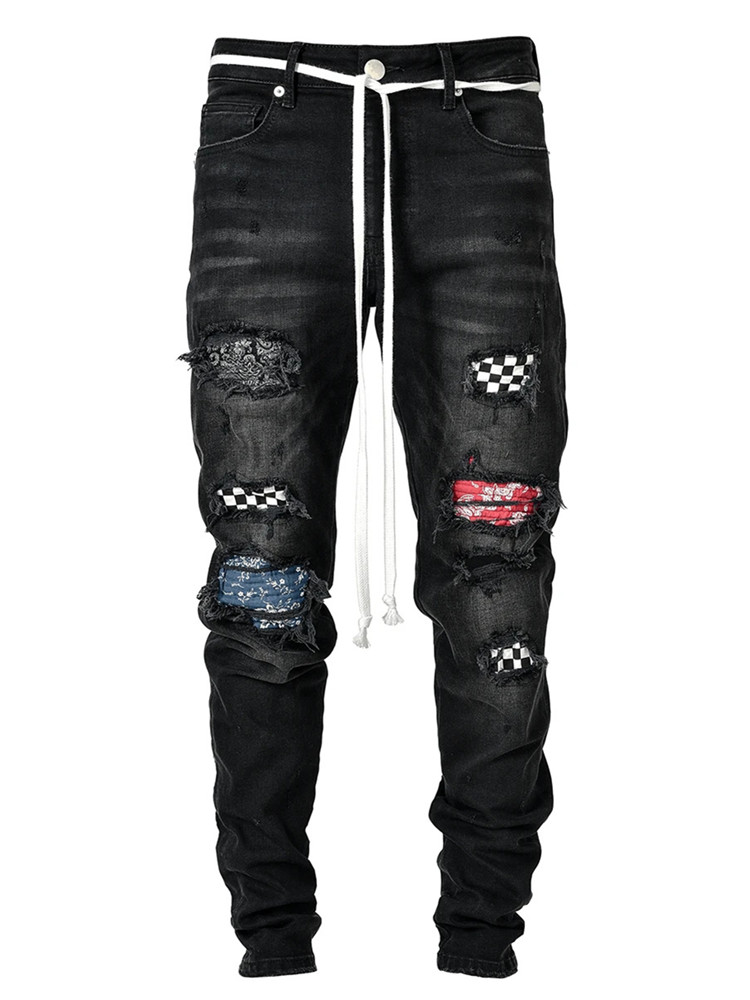 2021 High quality Fashion Men Skinny tousers  Grid Patchwork Stretch Denim Pants Elastic Hip-Hop Jogging Pencil Pants
