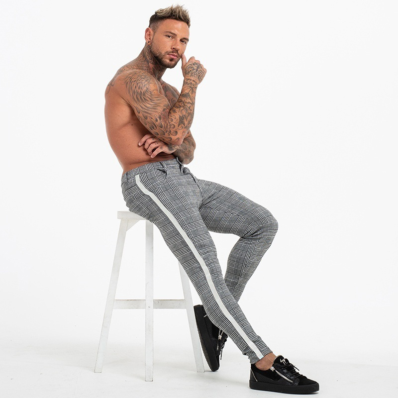 2021 High quality Summer Men Slim Fit Striped Joggers Casual Sweatpant Trousers Men Plaid High Elastic Pencil Trousers
