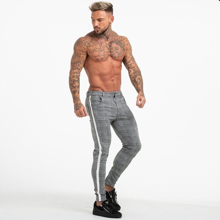 2021 High quality Summer Men Slim Fit Striped Joggers Casual Sweatpant Trousers Men Plaid High Elastic Pencil Trousers