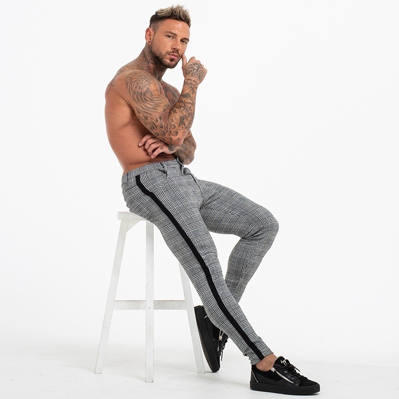 2021 High quality Summer Men Slim Fit Striped Joggers Casual Sweatpant Trousers Men Plaid High Elastic Pencil Trousers