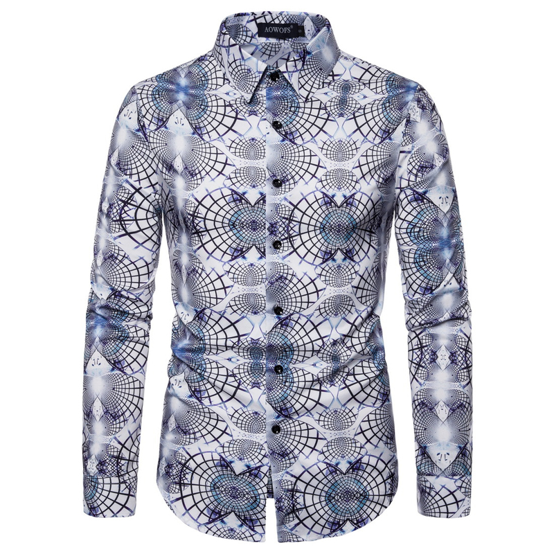 Men Print Shirt Fashion Long Sleeve Regular-fit Plus Size Shirts Mens Party Causal Social Shirts