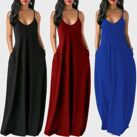 2021 High quality Loose Sexy Spaghetti Straps Sleeveless Pockets Solid Color Maxi Dress Casual Plus Size Beach Dresses