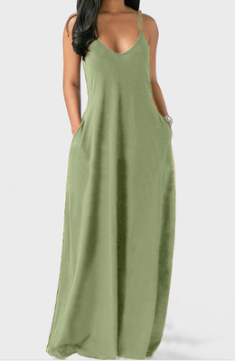 2021 High quality Loose Sexy Spaghetti Straps Sleeveless Pockets Solid Color Maxi Dress Casual Plus Size Beach Dresses