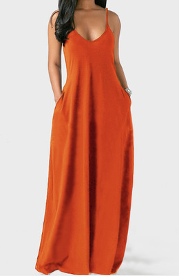 2021 High quality Loose Sexy Spaghetti Straps Sleeveless Pockets Solid Color Maxi Dress Casual Plus Size Beach Dresses