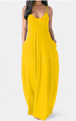 2021 High quality Loose Sexy Spaghetti Straps Sleeveless Pockets Solid Color Maxi Dress Casual Plus Size Beach Dresses