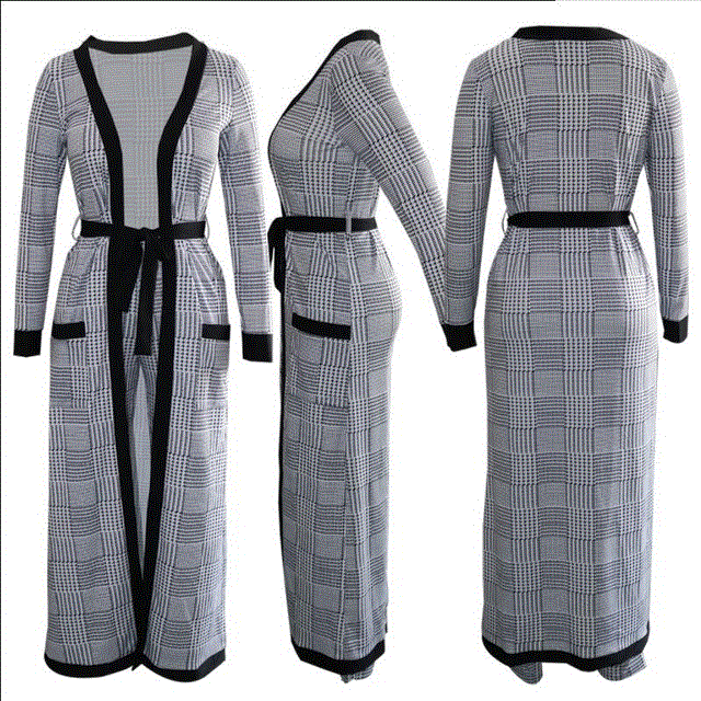 2021 High quality Elegant African Suits for Women Grey Houndstooth Long Cardigan with Belt and Long Pants Trousers