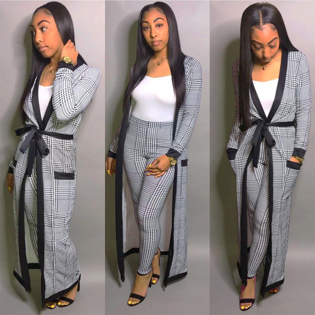 2021 High quality Elegant African Suits for Women Grey Houndstooth Long Cardigan with Belt and Long Pants Trousers