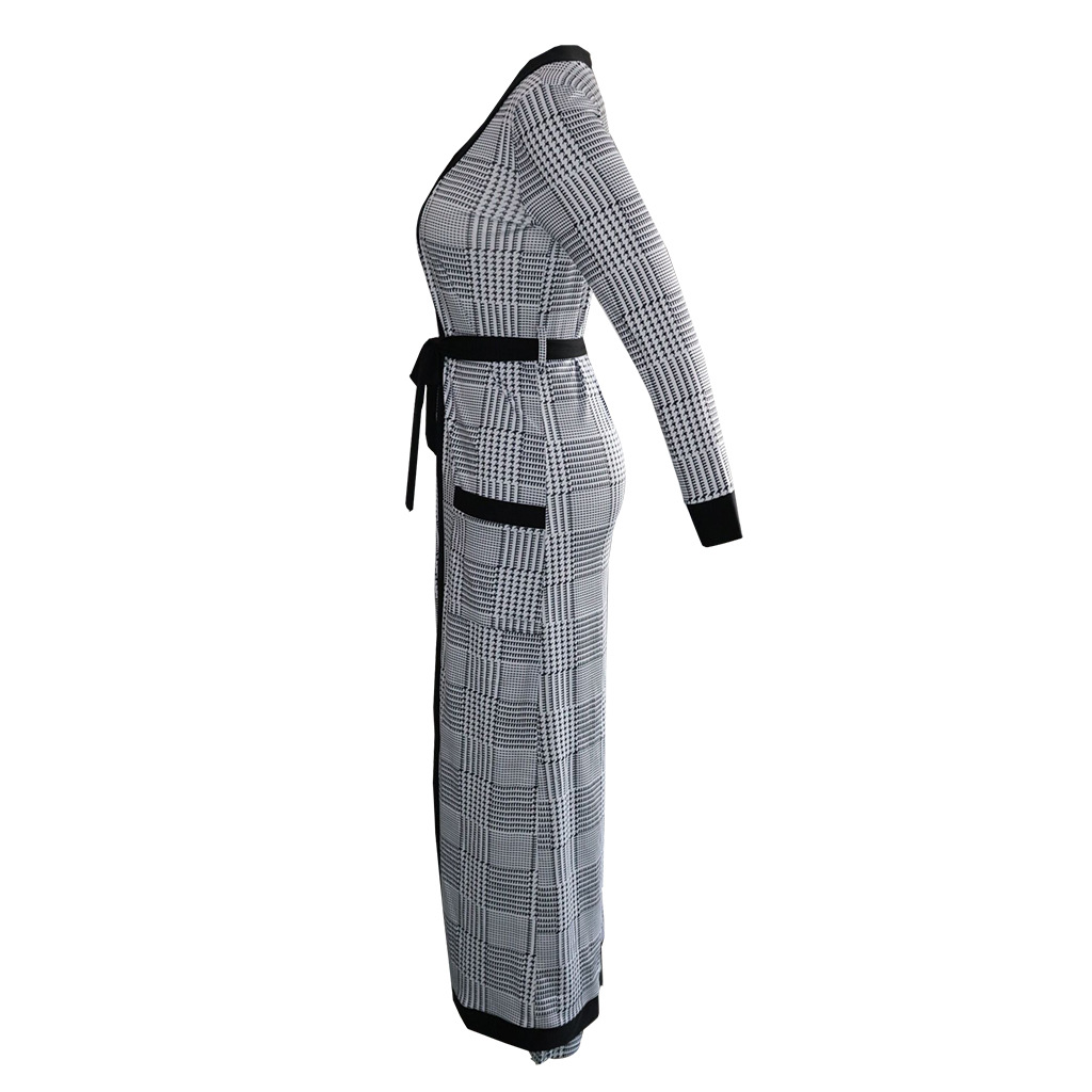 2021 High quality Elegant African Suits for Women Grey Houndstooth Long Cardigan with Belt and Long Pants Trousers