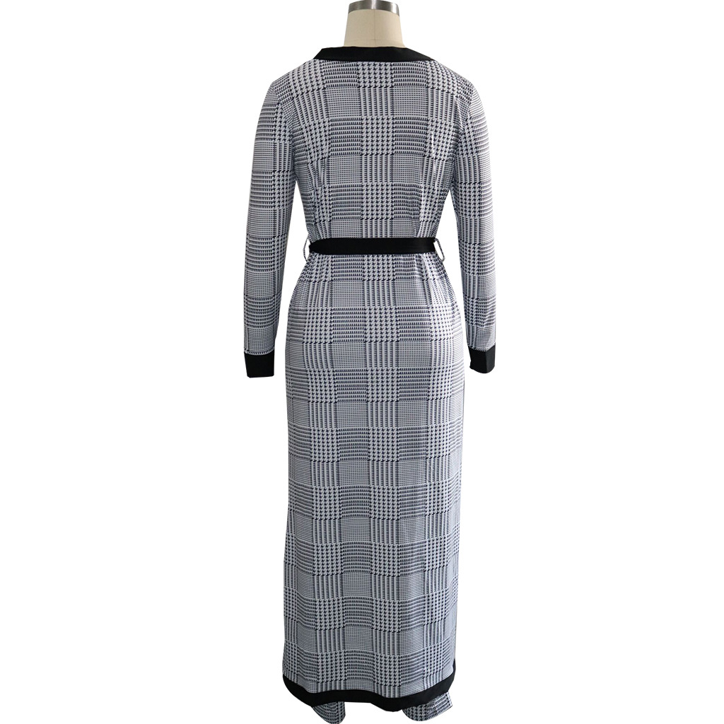 2021 High quality Elegant African Suits for Women Grey Houndstooth Long Cardigan with Belt and Long Pants Trousers