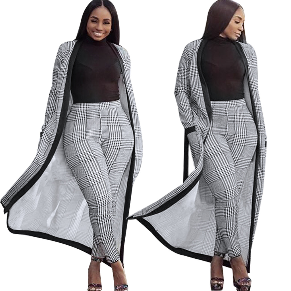 2021 High quality Elegant African Suits for Women Grey Houndstooth Long Cardigan with Belt and Long Pants Trousers