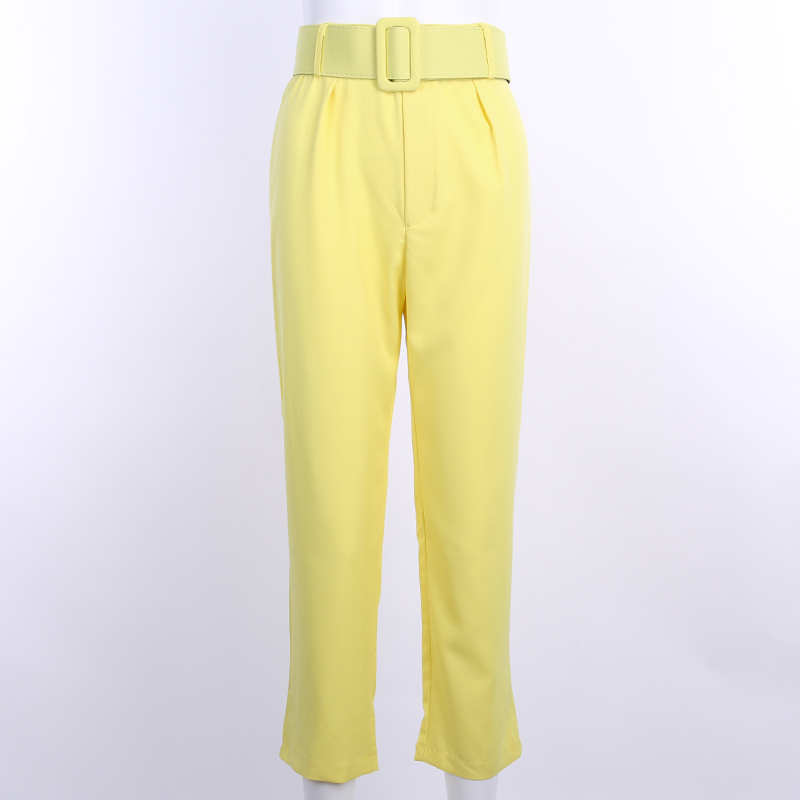 2021 High quality Casual High Waist Pencil Pants Women Belt Ankle LengthBlue Zipper Suit Trousers