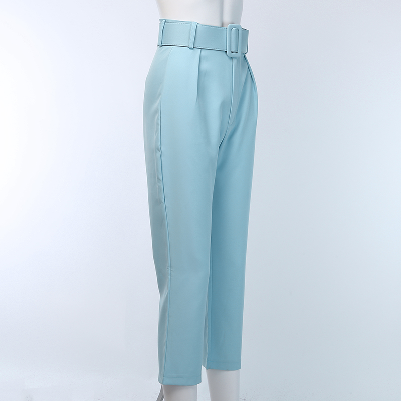 2021 High quality Casual High Waist Pencil Pants Women Belt Ankle LengthBlue Zipper Suit Trousers