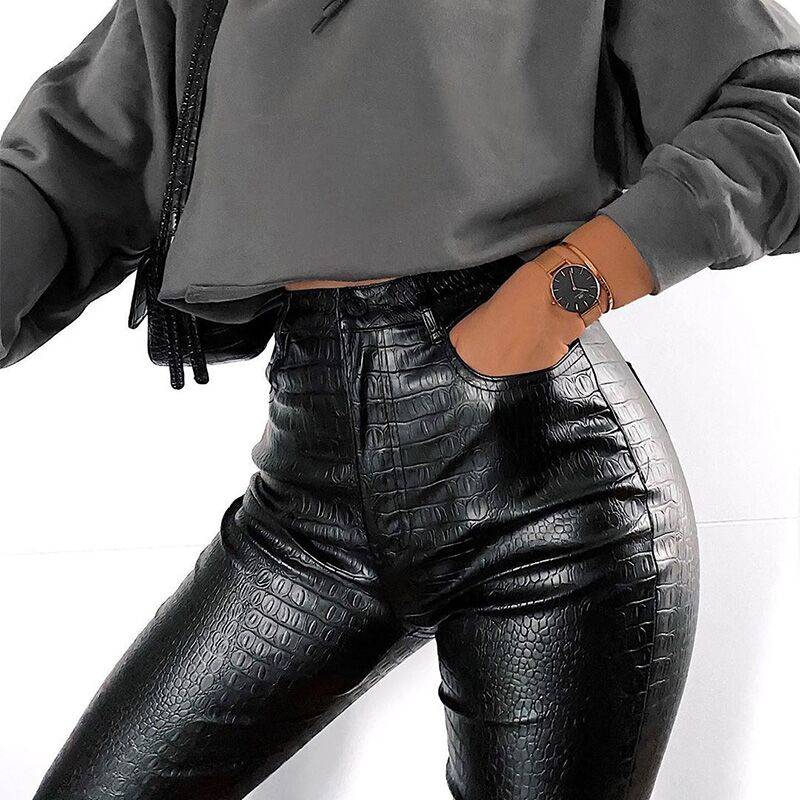 2021 High quality Black High Waist Pencil Faux Leather Pants Women Casual Elegant Ankle Length Trousers