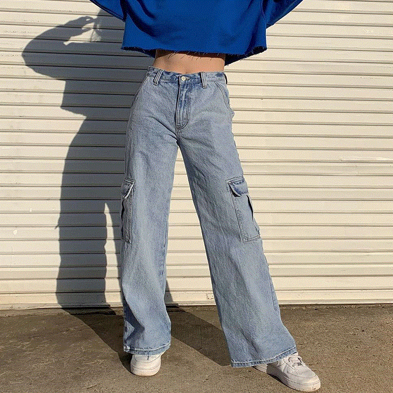 2021 High quality Women's High-waisted Jeans Solid Color Trousers With Zipper And Pockets Loose Straight-leg trousers