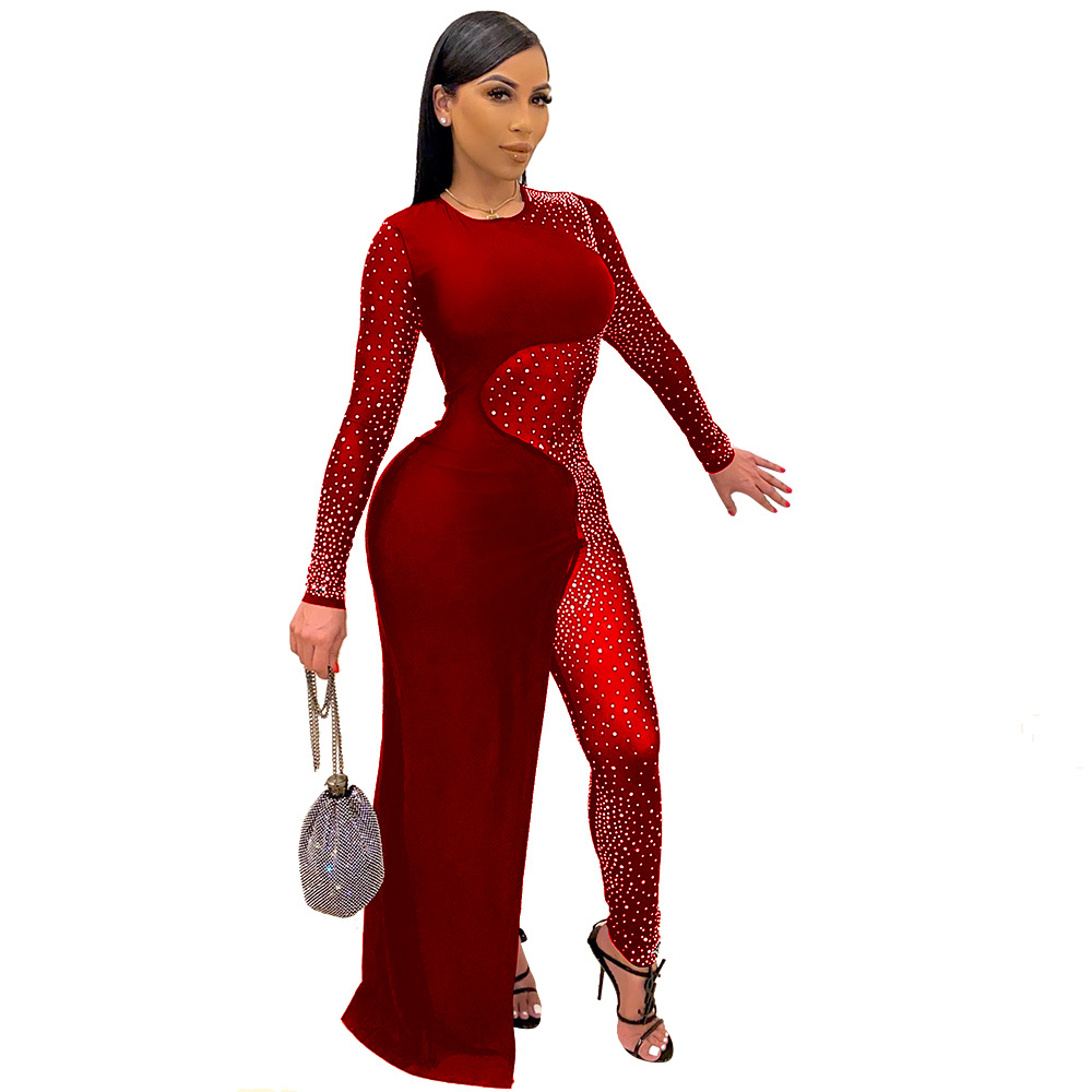 2021 High quality Women Asymmetrical Mesh Sheer Sexy Jumpsuits Long Sleeve Party Club Rompers Bodycon Jumpsuits