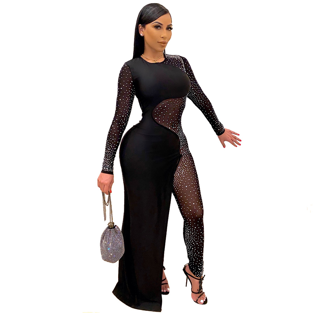 2021 High quality Women Asymmetrical Mesh Sheer Sexy Jumpsuits Long Sleeve Party Club Rompers Bodycon Jumpsuits