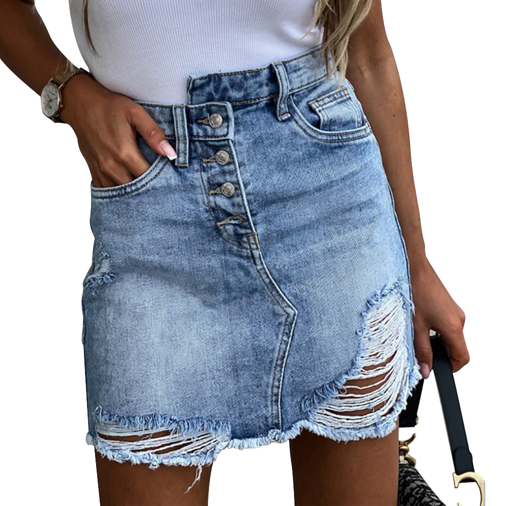 2021 High quality Women Casual Summer Denim Skirt Irregular Bag Hip Ripped Skirts High Waist Button Up Pencil Skirts