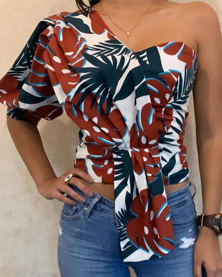 2021 High quality Women One Shoulder Print Blouse Tops Ladies Half Sleeve Short Style Casual Tops