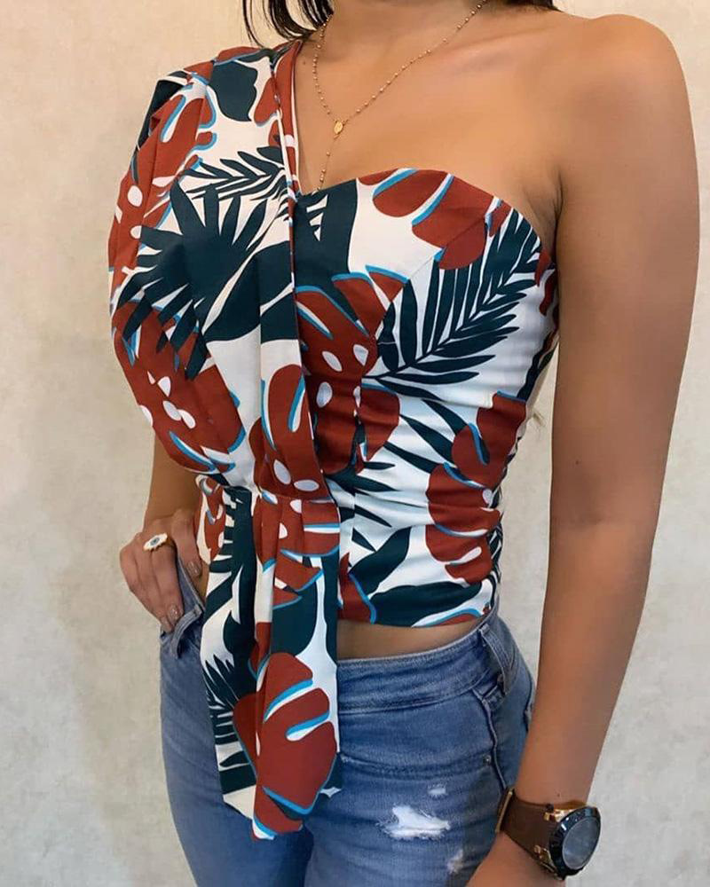 2021 High quality Women One Shoulder Print Blouse Tops Ladies Half Sleeve Short Style Casual Tops