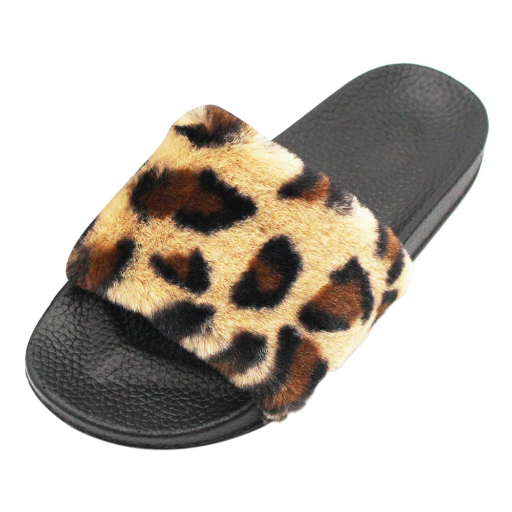 2021 High quality Women Slippers Fluffy Faux Fur Flat Fashion Female Leopard Sandals