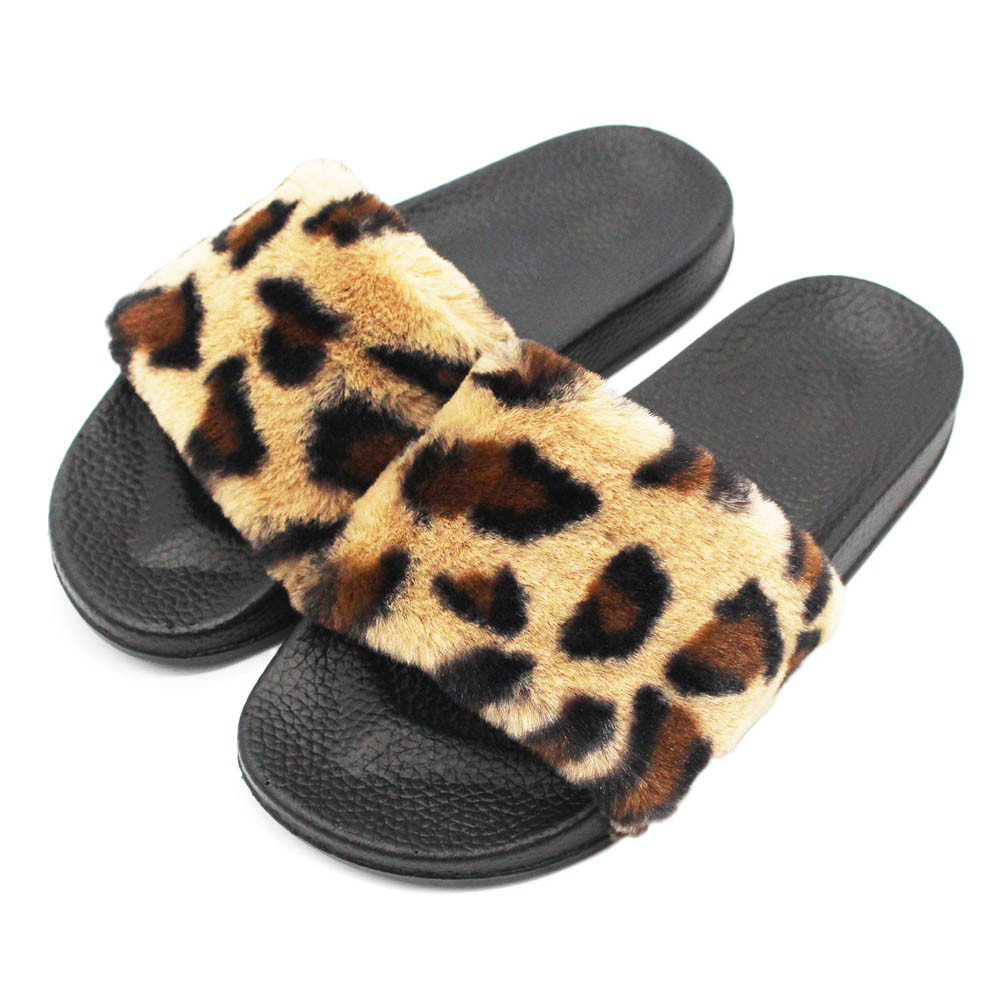 2021 High quality Women Slippers Fluffy Faux Fur Flat Fashion Female Leopard Sandals