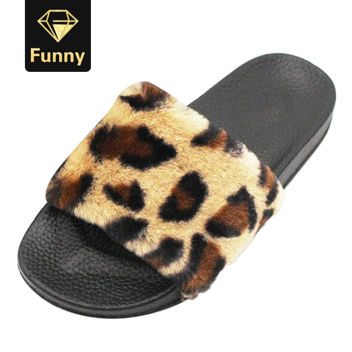 2021 High quality Women Slippers Fluffy Faux Fur Flat Fashion Female Leopard Sandals