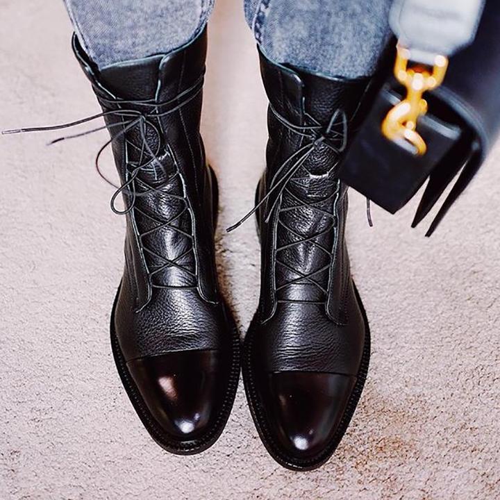 2021 High quality Women Boots Patent Leather Flat Ladies Boots Pointed Toe Lace-Up Boots Handsome Boots Women's Boots