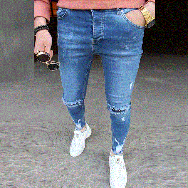 2021 High quality Mens Solid Color Jeans Fashion Slim Pencil Pants Sexy Casual Hole Ripped Trousers