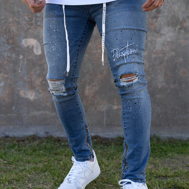 2021 High quality Men Skinny Jeans Biker Destroyed Frayed Fit Denim Ripped Denim Pants Side Stripe Pencil Trousers